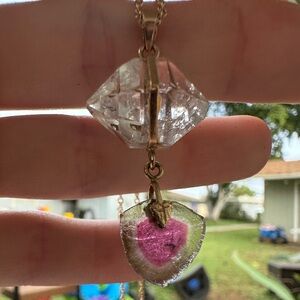 Rare solid 14k gold genuine watermelon tourmaline/herkimer diamond necklace$1890